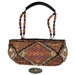 Mary Frances Straw into Gold Wood Beaded Floral Shoulder Bag Beaded Tassel